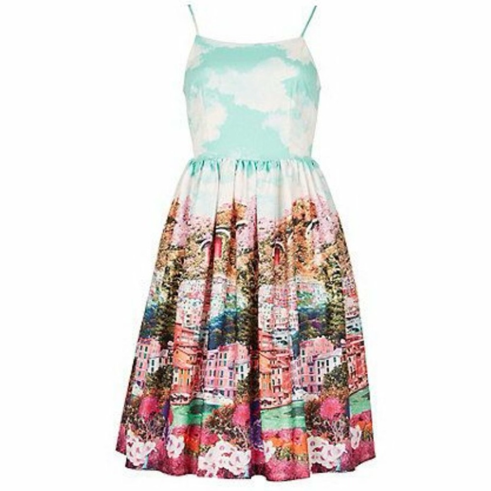 ModCloth Mint & Pink Scenic Print Fit-and-Flare Dress